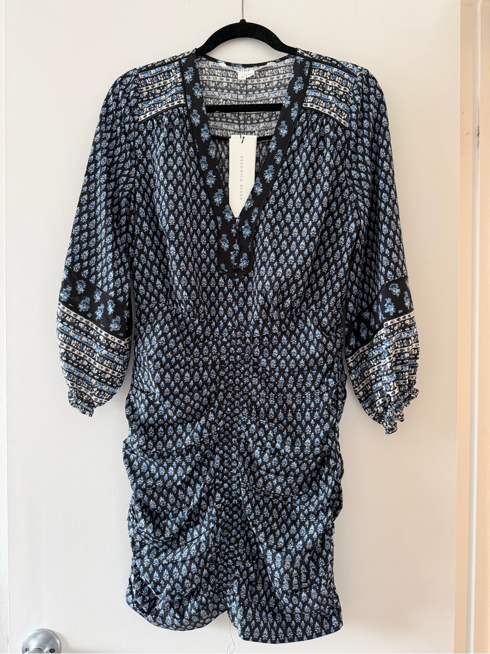 NWT Veronica Beard Black and Light Blue Printed Mini Dress